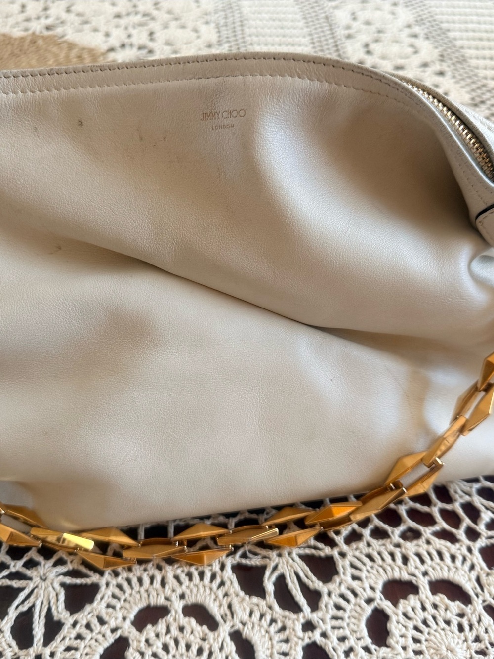 Jimmy Choo Cream Shoulder Bag with Gold Chain-Link Strap